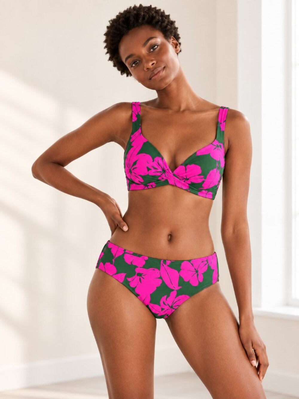 Boden Floral Bikini Bottom Green Hot Pink Mid Rise Swim US 8 S0152
